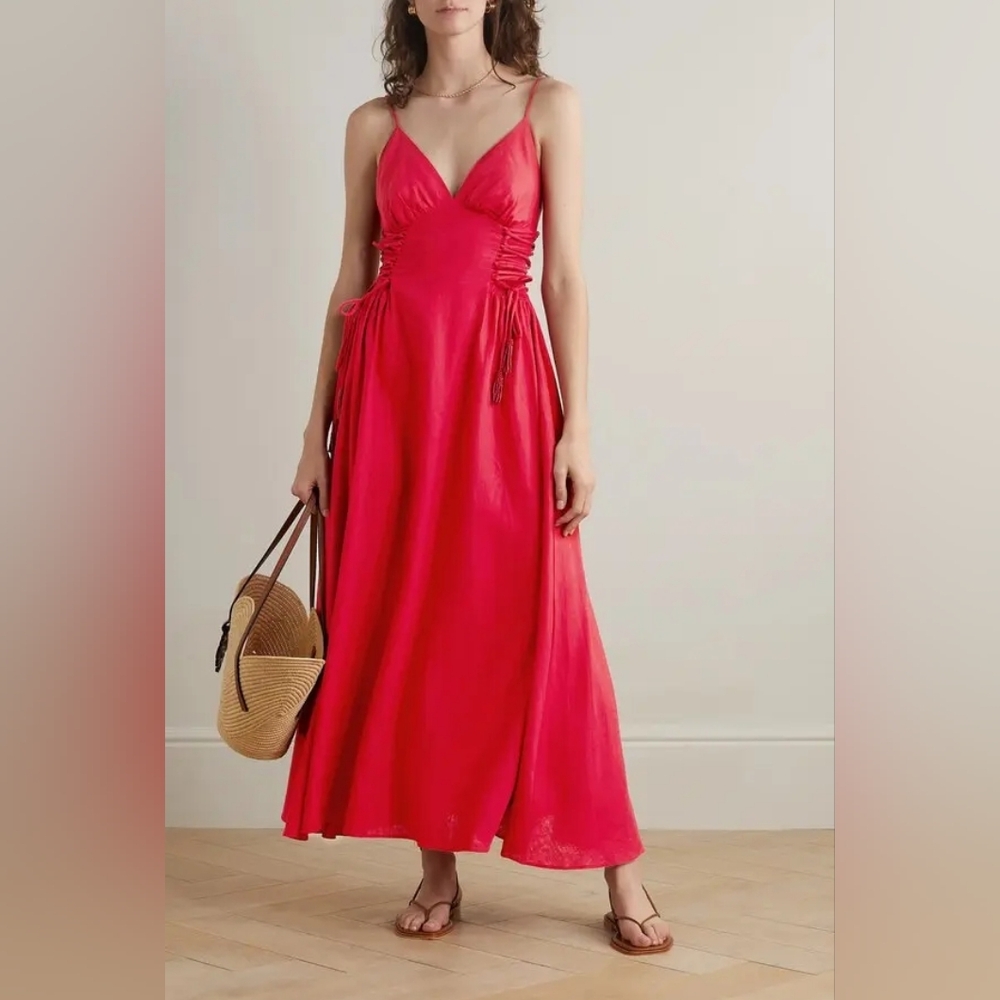 Farm rio Linen-Blend Lace-Up Midi-Dress red sz L,XL BNWT - Picture 6 of 13